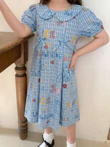 Dazy Kids 女童格紋彼得潘領短袖泡泡袖可愛夏季洋裝 - 藍色 - 查看 6