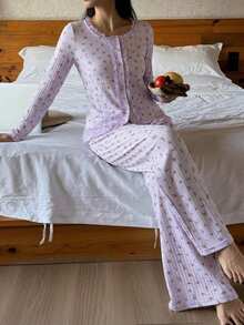 DAZY Floral Lace Ruffle Trim Patchwork 2pcs Women's Pajama Set - Mauve Purple - View 5