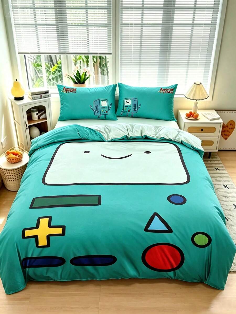 ADVENTURE TIME X SHEIN 三件套可爱卡通印花被套,磨毛材质,柔软保暖,多种尺寸可选,适用于单人床/双人床/大号床/特大号床 - 薄荷藍 - 查看 1