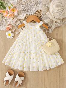 SHEIN Baby Girls Summer Round Neck Princess Dress With Ditsy Floral, Sweet Dress + Matching Floral Accessory Small Bag, Stylish Versatile Sleeveless Comfortable, Suitable For Daily Outings - Yellow - View 4