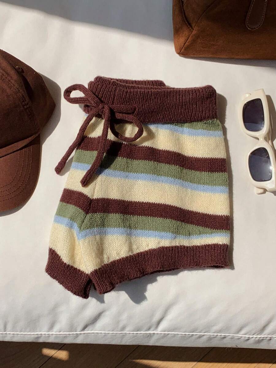 Comfortcana Setelan Sweater dan Celana Pendek Kasual Vintage Warna Polos Pinggang Tinggi dengan Tali Serut untuk Musim Gugur/Santai Bergaris Cokelat - MultiWarna - View 1