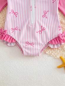 SHEIN Baby Girl Color Block Patchwork Striped Bow Print One-Piece Swimsuit - Pink - View 5