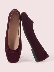CUCCOO DOLLMOD Velvet Bow Square Toe Flat Bottom Low Vamp Shoes, Retro Burgundy Gentle Slouchy Soft Bottom Commuting Ballet Lady Shoes Fall Shoes - Burgundy - View 1
