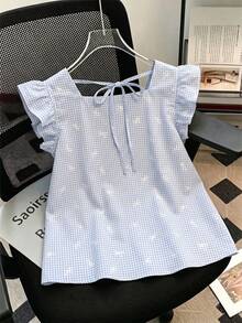 SHEIN Franclia 2026 Estate Nuova Camicetta Donna Blu a Quadretti con Fiocco, Scollo Quadrato con Volant e Maniche, Top Peplo con Fiocco Retro, Crop Top Carino Stile Y2K per Vacanza e Uso Casual Quotidiano - Multicolore - Visualizzare 2