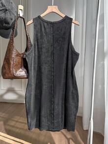 Comfortcana Casual Retro English Slogan Print Plus Size Women Round Neck Sleeveless Bodycon Dress, Suitable For Summer Gym Brown - Black - View 2