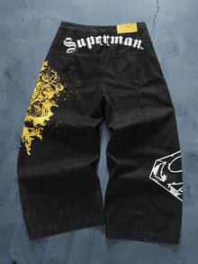 SUPERMAN X SHEIN Men's Vintage Print Casual Loose Fit Jeans - Black - View 4