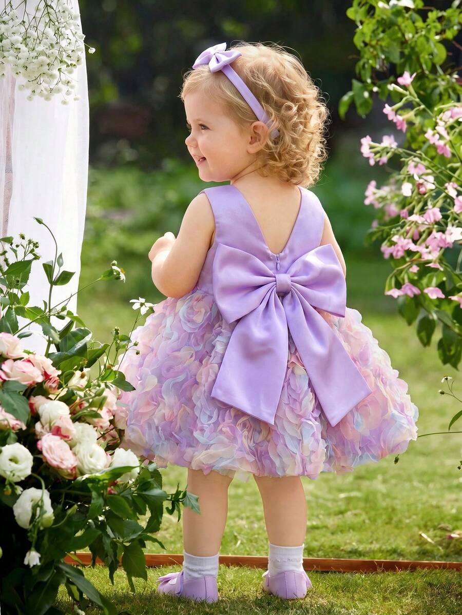 SHEIN Glamorique Kids 女嬰無袖公主洋裝，淡紫色緞面上身搭配彩色3D花朵刺繡裙襬，背面附可拆式大蝴蝶結，適合1歲生日派對、生日慶祝、婚禮花童、家庭聚會、日常出遊、拍照、度假、畢業舞會