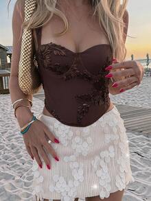 Opulessa Women Floral Textured Fitted Sexy Camisole Top - Brown - View 8