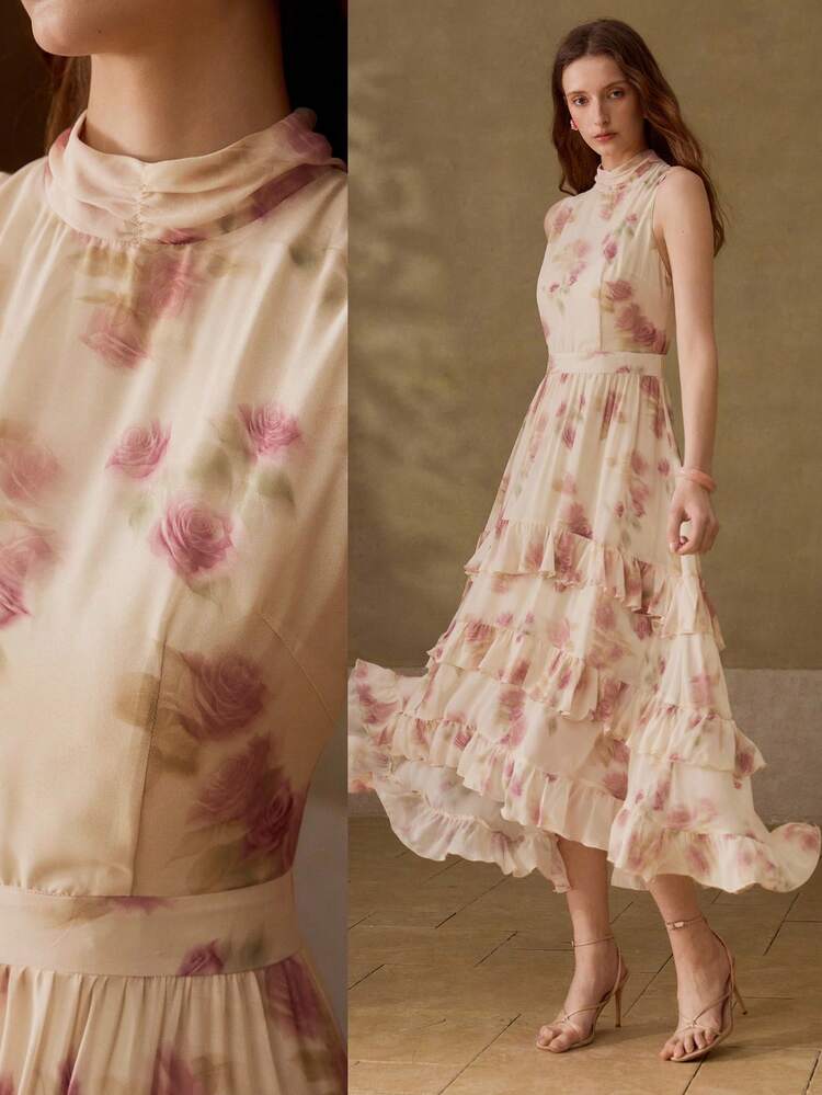 WOMEN'S FLORAL PRINT RUFFLE HEM MIDI DRESS