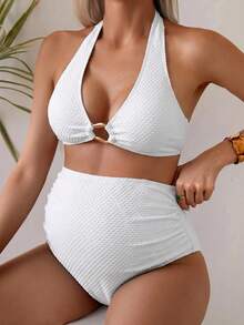 Swim Vcay Setelan Baju Renang Dua Potong untuk Ibu Hamil dengan Gesper Logam Bertekstur, Atasan Tank Top Model Halter Neck dan Bawahan Bikini Segitiga - Putih - View 5