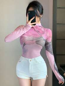 DAZY Atasan Jala Pas Badan Musim Panas, Atasan Jala Kerah Tinggi, Lapisan Dasar Pas Badan, Kaos Wanita, Kaos Grafis, Liburan - Berwarna merah muda - View 6