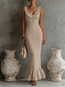 SHEIN Holidaya Nuevo Vestido Midi de Punto Acanalado Beige para Mujer 2026 - Sin Mangas, Cuello en V con Volantes, Bajo de Sirena, Silueta Ajustada, Combinando sin Esfuerzo el Encanto Romántico Suave con el Estilo Femenino Dulce, Ideal para Citas de Brunch, Eventos Nocturnos y Ocasiones de Primavera Verano - Rosa vieja - Ver 4