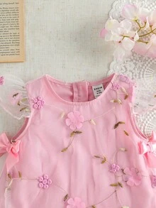 SHEIN Baby Girl 0-3 Years Spring/Summer Princess Style 3D Pink Floral Mesh Bow Dress, Suitable For Birthday Party, Evening Event, Everyday Wear, Vacation - Pink - View 5