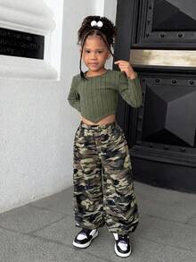SHEIN Young Girl Sporty Casual Knit Long Sleeve Top And Camo Print Long Pants 2Pcs Set - Multicolor - View 4