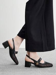 CUCCOO BIZCHIC 女款時尚高跟鞋，扣飾粗跟網紗材質，全球四季通勤，優雅百搭，適合節日度假、辦公室、戶外日常穿搭 - 耀夜黑 - 查看 6