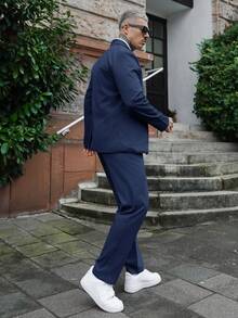 Artur Kramer 男士纯色口袋商务休闲长袖西装外套和裤子套装男士休闲西服男士休闲西装男士休闲西装男士西装加裤子男士西装正装 - 藏蓝色 - 查看 5