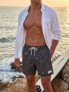 Manfinity Swimmode Men's Beach Holiday Flamingo Print Drawstring Swim Trunks Men's Beachwear Grey Swim Trunks Men Swim Trunks Drawstring Camo Men's Swim Trunks - Black - View 6