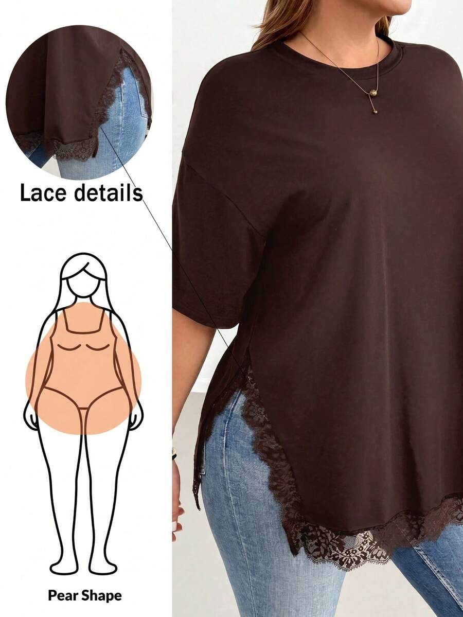 Shapeblank Plus-Size Women's Spring/Summer Fashionable Casual Elegant Loose Comfortable Everyday Holiday Basic Versatile Slimming Lace Trim Brown T-Shirt - Brown - View 1