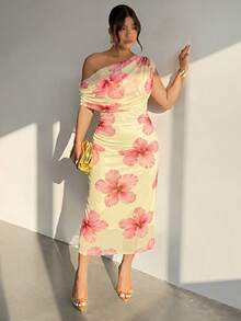 Firerie Plus Size Women's Off-Shoulder Floral Print Asymmetric Design Dress Vacation Wedding Guest Pink Summer Filipiniana Elegant - Multicolor - View 7