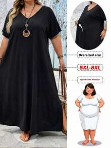 SHEIN CURVE+ 大码女装纯色休闲派对旅行连衣裙 大码女装 8XL 女装 大码女装连衣裙 宽松连衣裙 大码夏季服装 8XL 连衣裙 黑色长款连衣裙 大码女装夏季服装 - 黑色 - 查看 1