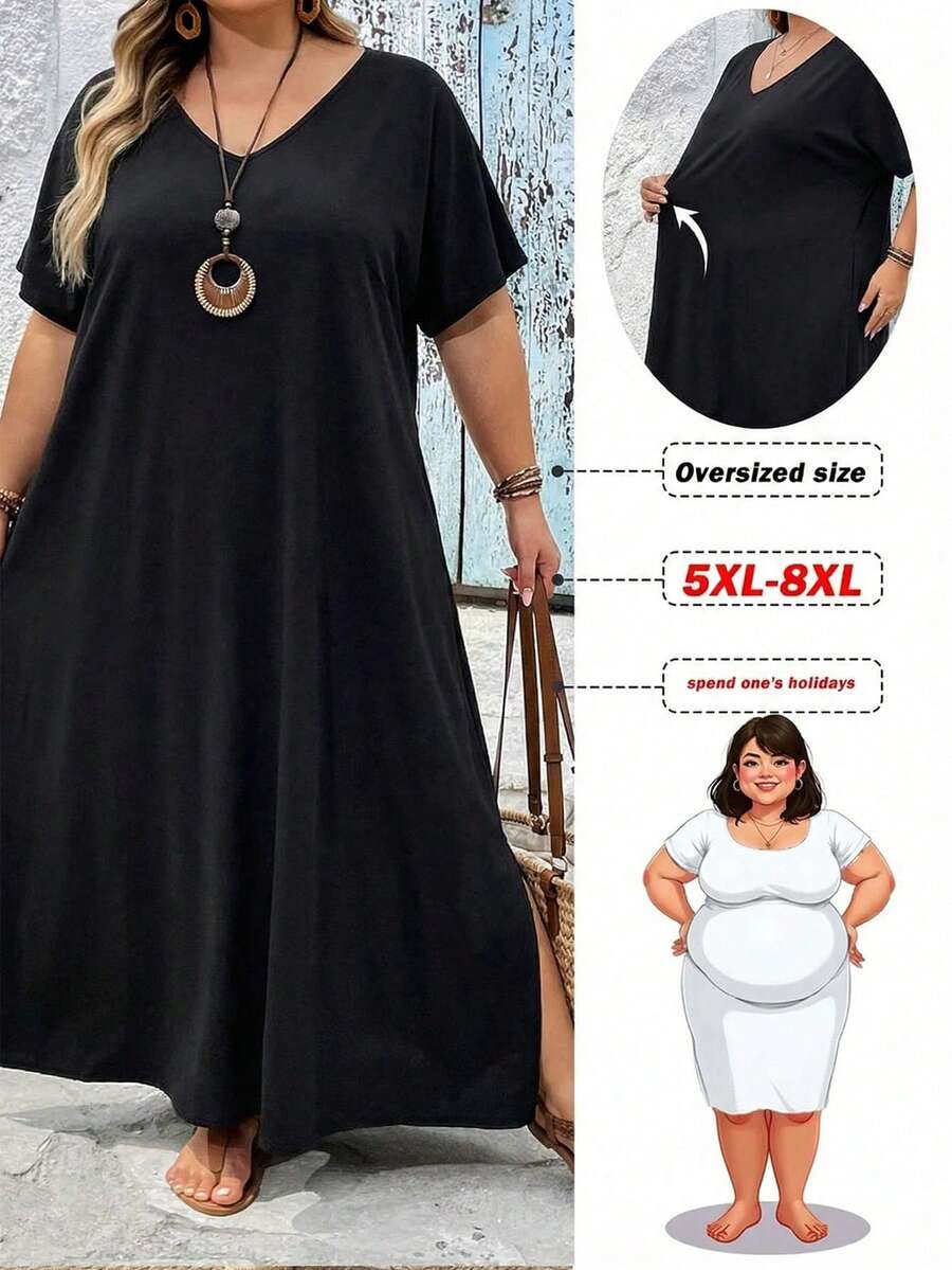 SHEIN CURVE+ 大码女装纯色休闲派对旅行连衣裙 大码女装 8XL 女装 大码女装连衣裙 宽松连衣裙 大码夏季服装 8XL 连衣裙 黑色长款连衣裙 大码女装夏季服装 - 黑色 - 查看 1