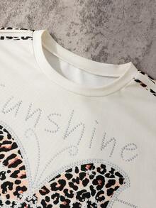 SHEIN 2pcs/Set Girls Casual Chic StreetFashion Outfit,White Loose Fit Round Neck Leopard Print T-Shirt Wide Leg Pants,Cute Summer Back-To-School School - Apricot - View 4