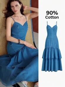 MOTF PREMIUM VESTIDO VAQUERO DE MUJER SIN MANGAS CON VOLANTE EN EL BAJO, PRIMAVERA/VERANO - Azul - Ver 7