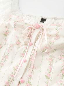 SHEIN PETITE 復古甜美花卉圖案蕾絲飾邊修身女式襯衫 - 白色 - 查看 7