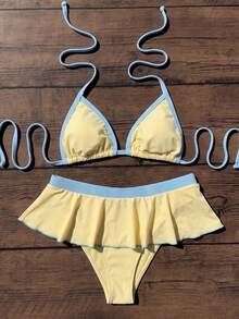 Elavelle Set Bikini Halter Warna Polos untuk Wanita, Cocok untuk Musim Semi dan Musim Panas - Kuning - View 2
