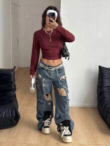 Coolane Women's Summer/ Back To School Everyday Basic Solid Color Pleated Asymmetrical Neck Long Sleeve Pullover Burgundy Sweatshirt Grunge - Burgundy - View 5