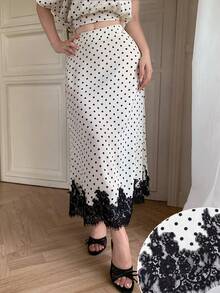 Modelyn Lace Patchwork Polka Dot Print Skirt - Apricot - View 5