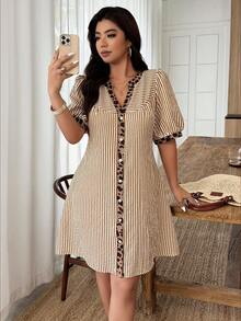 Weeklong Plus Size Women's Spring/Summer Notch Neck Puff Sleeve Beige Colorblock Casual 90s Vacation Dress Club - Multicolor - View 5