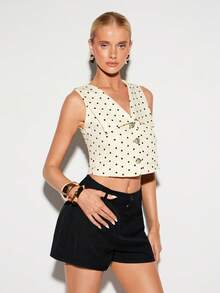 Barévion Women's Elegant Polka Dot Metal Buckle Top 2 Pieces Set Vacation Beige Black Summer - Multicolor - View 1