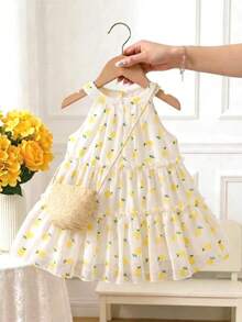 SHEIN Baby Girls Summer Round Neck Princess Dress With Ditsy Floral, Sweet Dress + Matching Floral Accessory Small Bag, Stylish Versatile Sleeveless Comfortable, Suitable For Daily Outings - Yellow - View 2