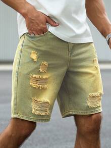 Manfinity Homme Plus Size Men's Slant Pocket American Distressed Denim Shorts - Blue - View 3
