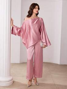Seusyu Women's Satin Asymmetric-Shoulder Soft Pink Loose Top And Wide-Leg Pants 2 Pieces Set - Pink - View 7
