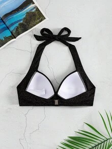 Swim Vcay 夏季春假新款掛脖式托高性感優雅度假海灘泳池派對女款泳衣上衣 - 黑色 - 查看 2