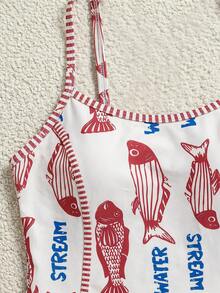 Swim SPRTY 2026 Spring/Summer New Off-White Fun Fish Stripe Patchwork Print Sports Tropical Vacation Beach Seaside Casual Women's One-Piece - Multicolor - View 4
