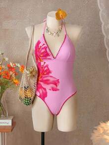 Swim Vcay 女款花卉印花掛脖繫帶式一件式泳衣，適合海邊度假、泳池派對、海灘派對 - 彩色 - 查看 8