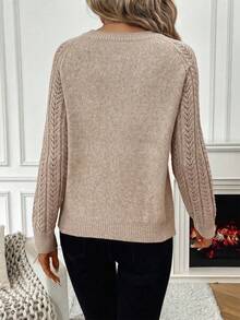 SHEIN Holidaya 女款素色V領鏤空長袖休閒套頭毛衣 - 卡其色 - 查看 2