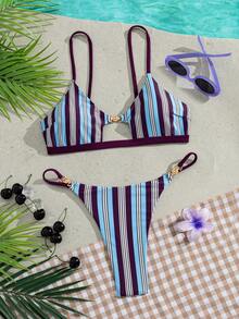 SHEIN Swim 女款夏季海灘派對性感海岸熱帶度假金屬飾品，細肩帶丁字褲比基尼套裝，藍白條紋 - 彩色 - 查看 5