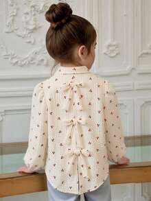 SHEIN Young Girl Textured Cherry Print Single-Breasted Fashion Shirt - Apricot - View 3