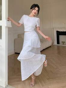 Modelyn Spring/Summer Hollow Embroidery Short Sleeve Round Neck Cropped Top Layered Cake Long Skirt 2 Pieces Set Vacation White Elegant - White - View 12