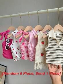 SHEIN [Random 6 Piece, Send 1 Piece]!Surprise Box !!!!Young Girl Solid Color Striped Floral Ruched Casual Tank Top - Hot Pink - View 8