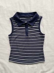 Attitoon Women's Striped Polo Collar Casual Versatile Tank Top - Royal Blue - View 4