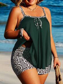 Swim Lushoire Plus Size Vacation Beach Tankini Set - Multicolor - View 6