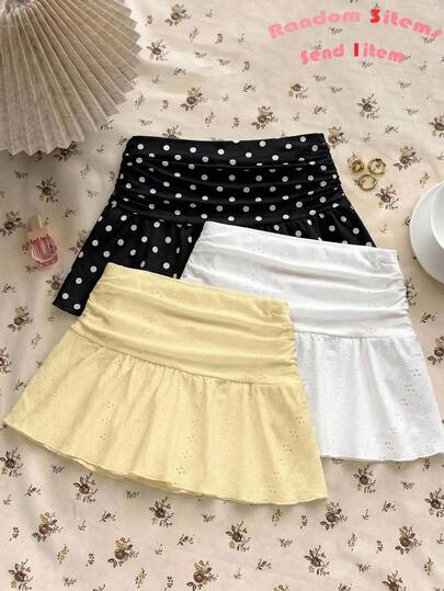 Chân váy mini cạp thấp dáng chữ A nhún bèo họa tiết rỗng dệt kim màu trắng phong cách thường ngày đa năng mặc ở nhà cho thiếu nữ, phù hợp mùa hè