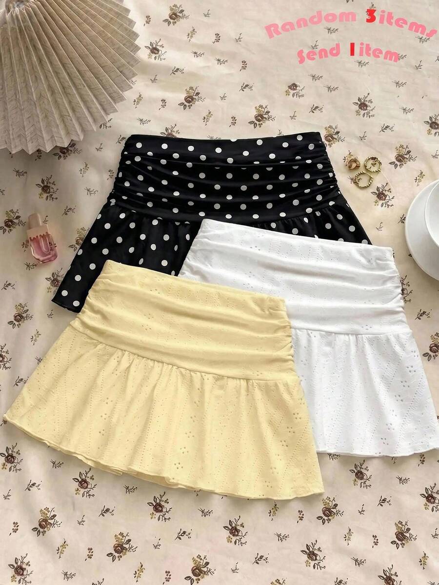 Teen Girls White Knitted Casual Home Versatile Hollow Texture Ruched A-Line Low Waist Mini Skirt, Suitable For Summer - Black - View 1