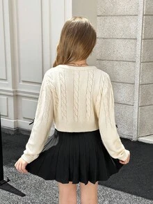 SHEIN 青少年女孩休闲麻花针织嵌花纯色圆领蝴蝶结长袖毛衣和百褶裙两件套，返校季 - 黑與白 - 查看 6