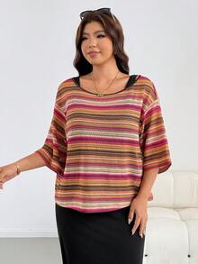 SHEIN Essnce 大尺碼女款春夏時尚休閒寬鬆彈性舒適日常多彩露肩罩衫與黑色背心長洋裝2件組，度假穿搭，外出穿著，可愛休閒套裝 - 彩色 - 查看 7